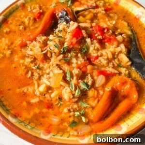 A bowl of hearty Stuffed Pepper Soup with ground meat, rice, chopped tomatoes, onions, herbs, and small peppers, garnished with fresh thyme. The soup features a rich red-orange color and a satisfying texture.