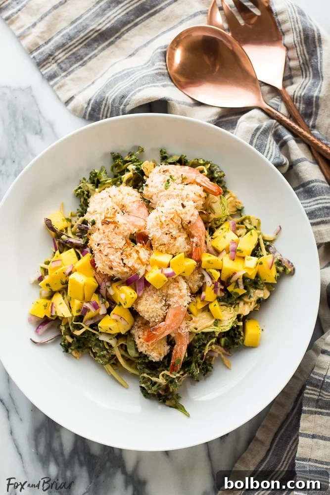 Crispy Coconut Shrimp Salad with Zesty Mango Salsa and Creamy Peanut Dressing 4 Fresh ingredients for Coconut Shrimp Salad including vibrant greens and dressing