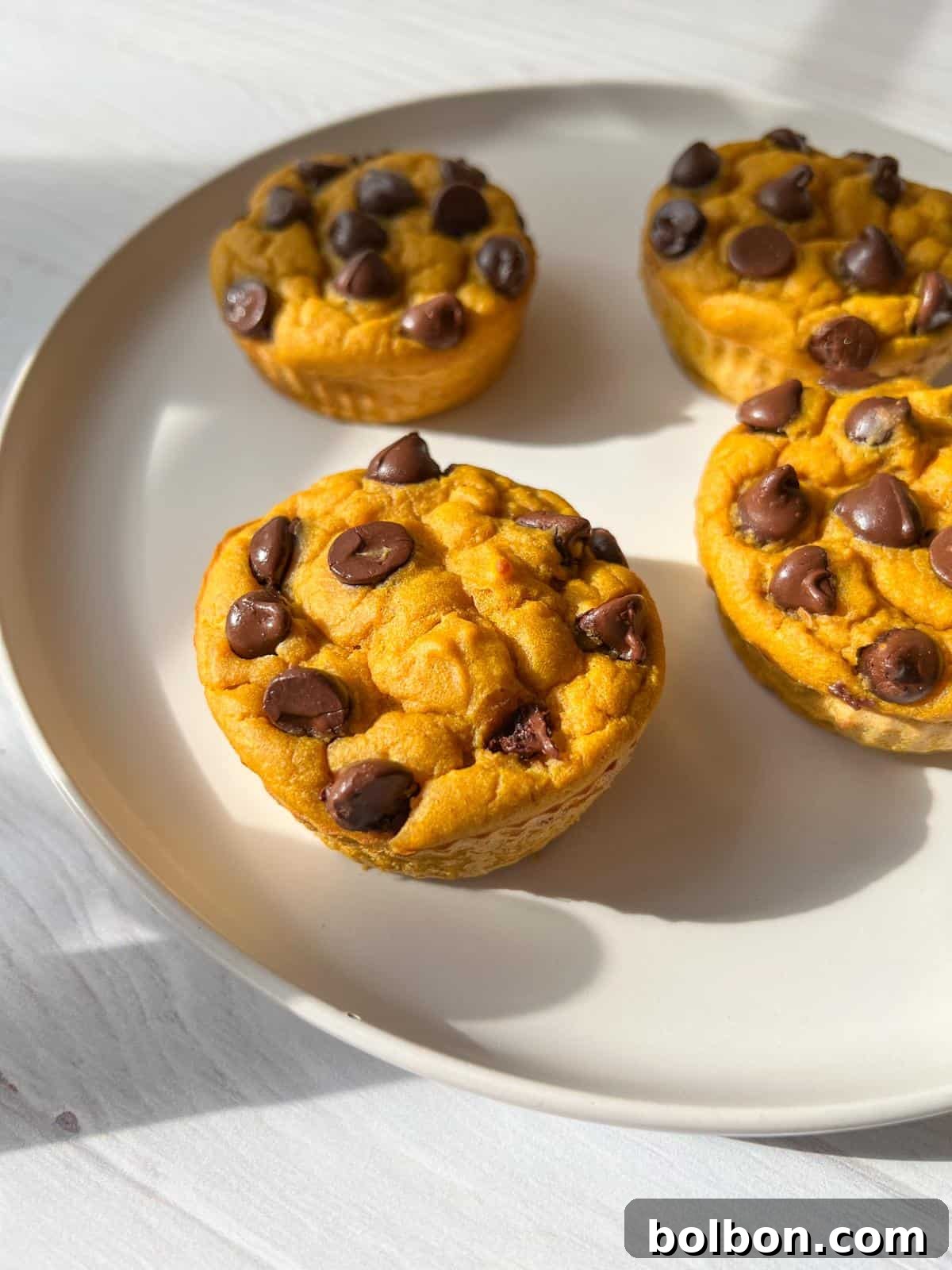 Wholesome Spiced Pumpkin Muffins 2 Four pumpkin-flavored muffins with chocolate chips on a round, beige plate. The muffins are arranged closely together, with sunlight casting soft shadows on the white surface beneath the plate.