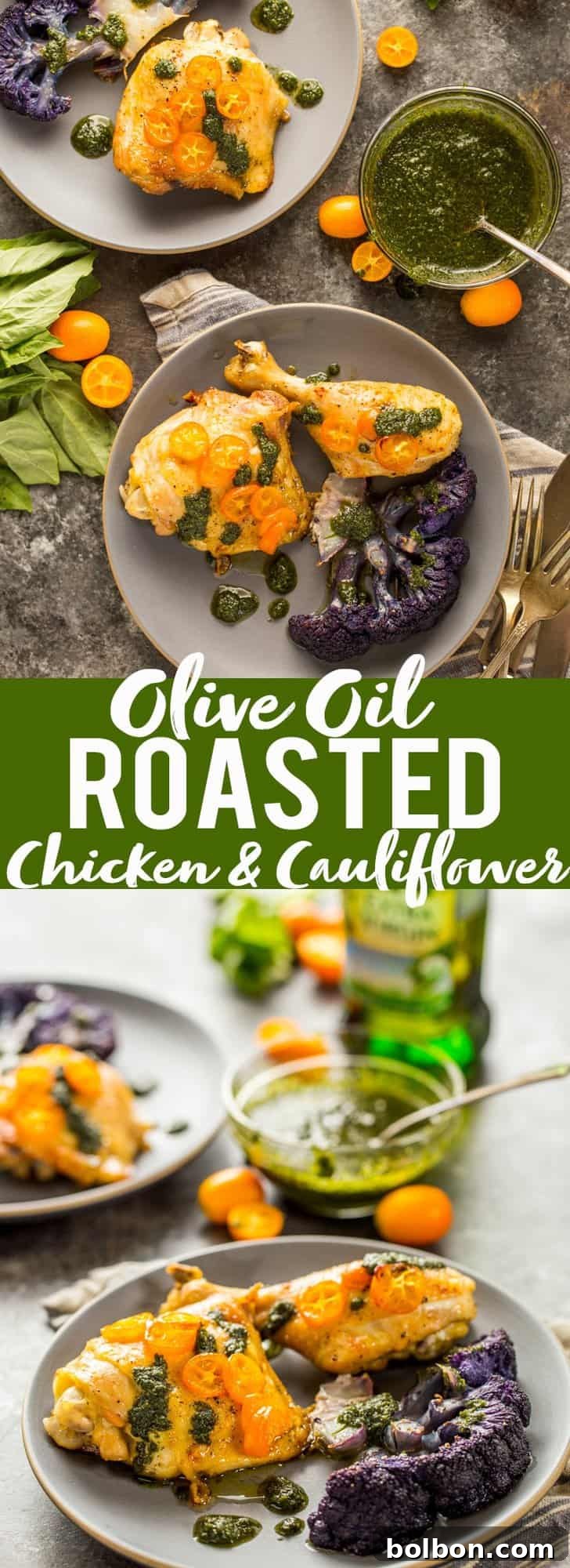 Golden Roasted Chicken and Cauliflower with Olive Oil 3 Close-up of golden brown roasted chicken skin and purple cauliflower florets