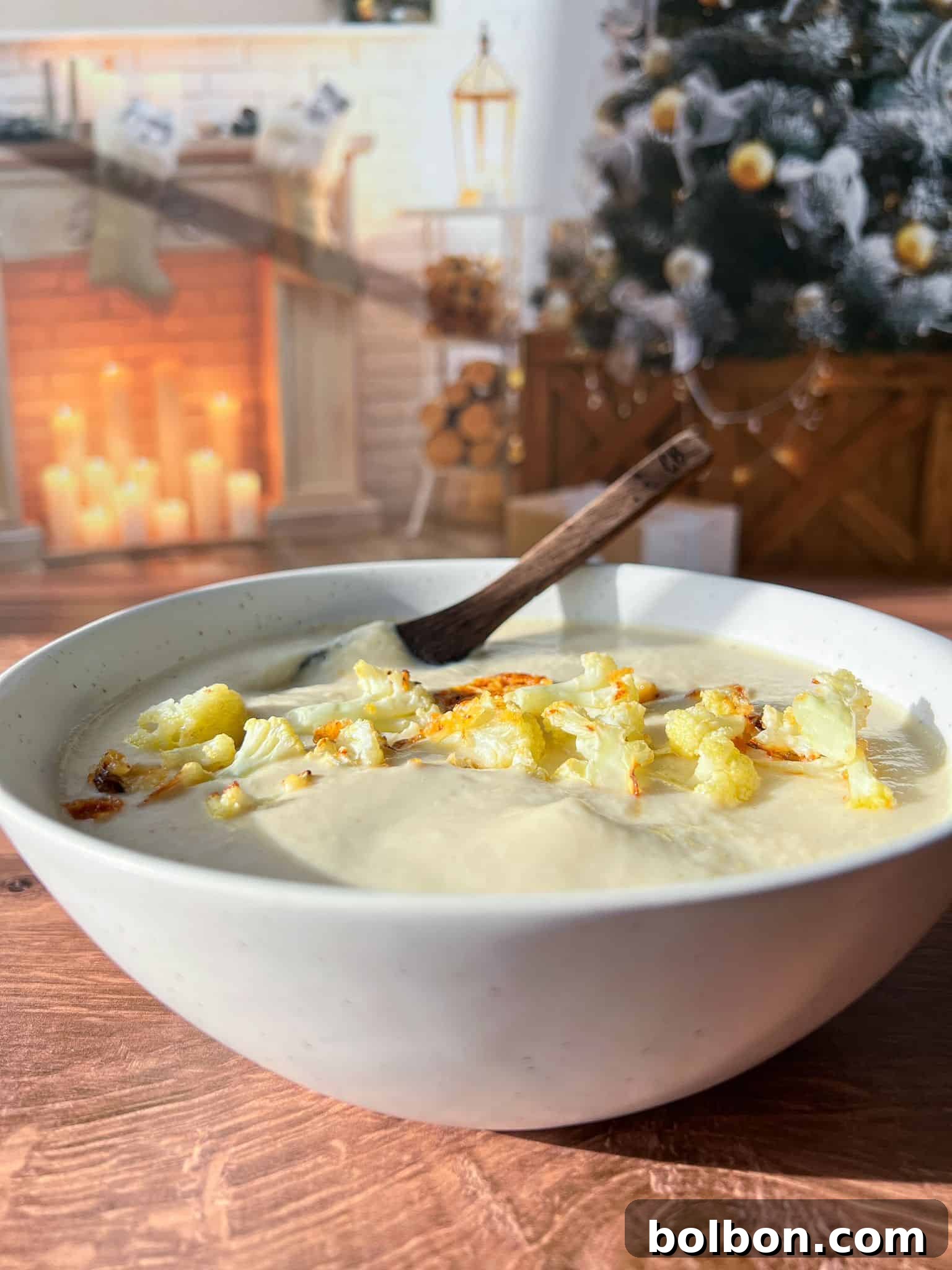 A bowl of creamy soup topped with roasted cauliflower sits on a wooden table. In the background, a cozy room features a decorated Christmas tree and a lit fireplace adorned with candles and seasonal decor.