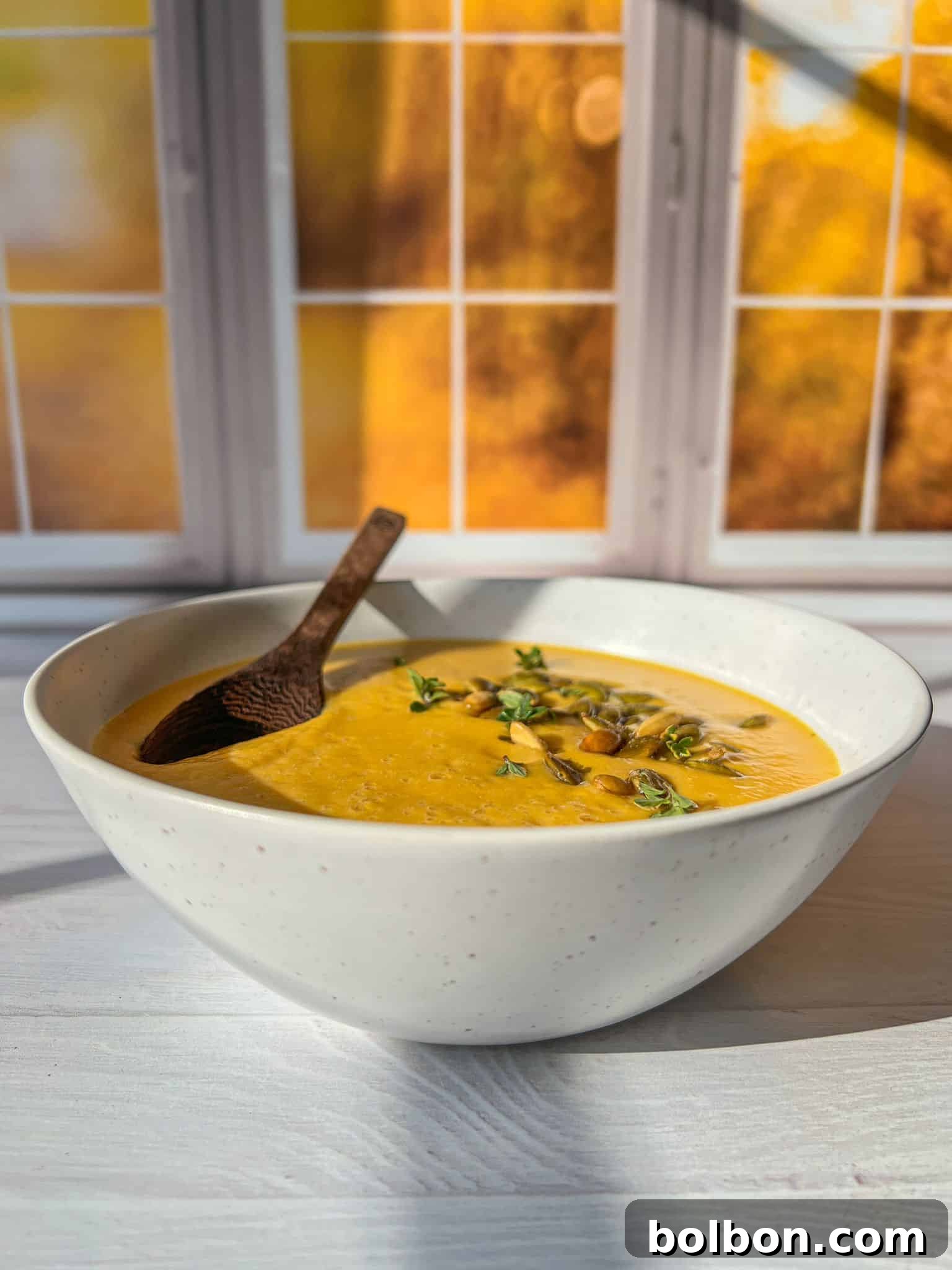 A bowl of creamy pumpkin soup garnished with herbs and seeds, placed on a white surface. A wooden spoon rests inside the bowl. The background features a window with a view of autumnal trees and vibrant sunlight streaming in.