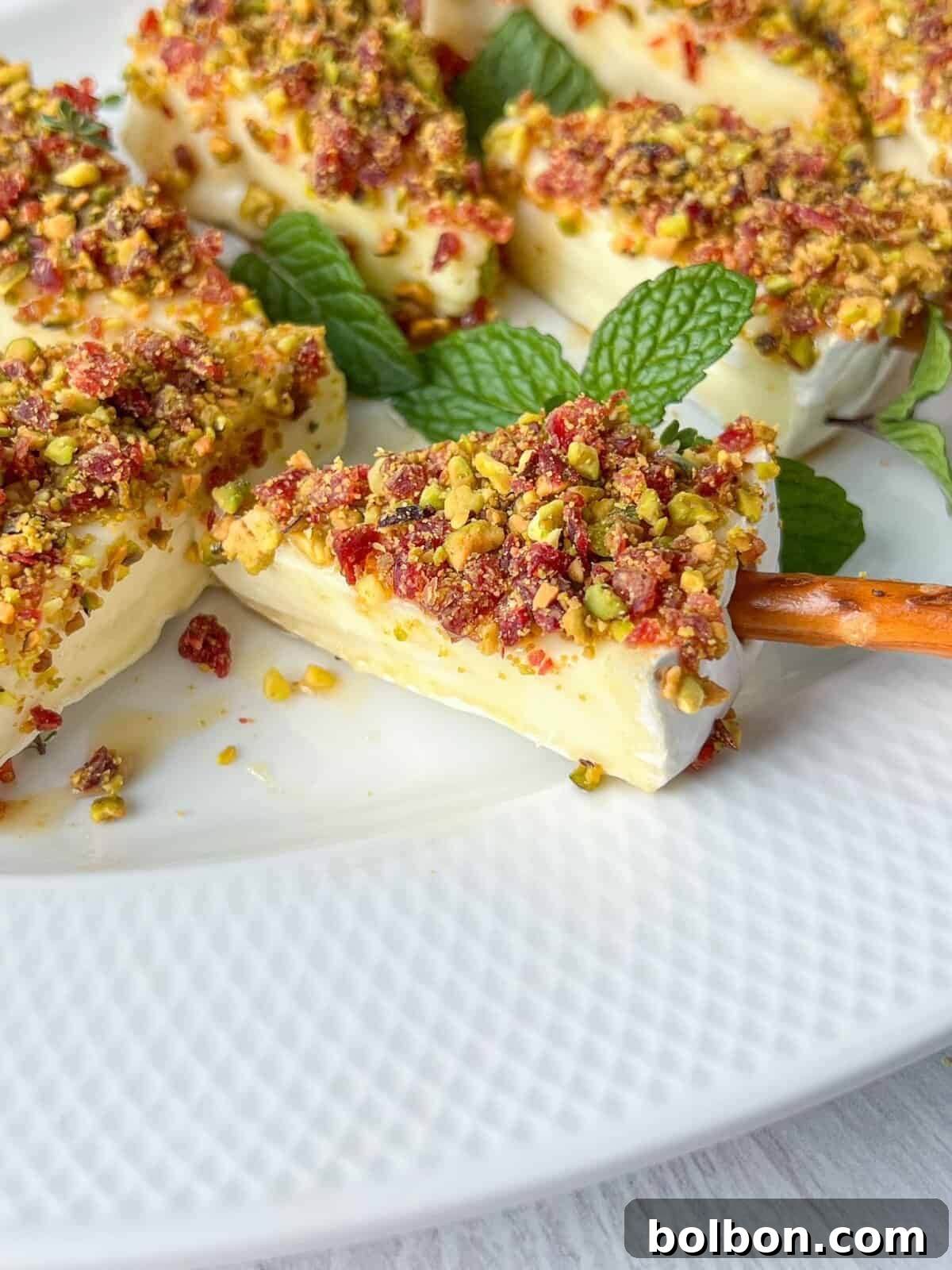 Slices of creamy cheese topped with crushed pistachios and dried fruit are arranged on a white plate. Fresh mint leaves are scattered for garnish, and a pretzel stick is used to pick up one of the slices.