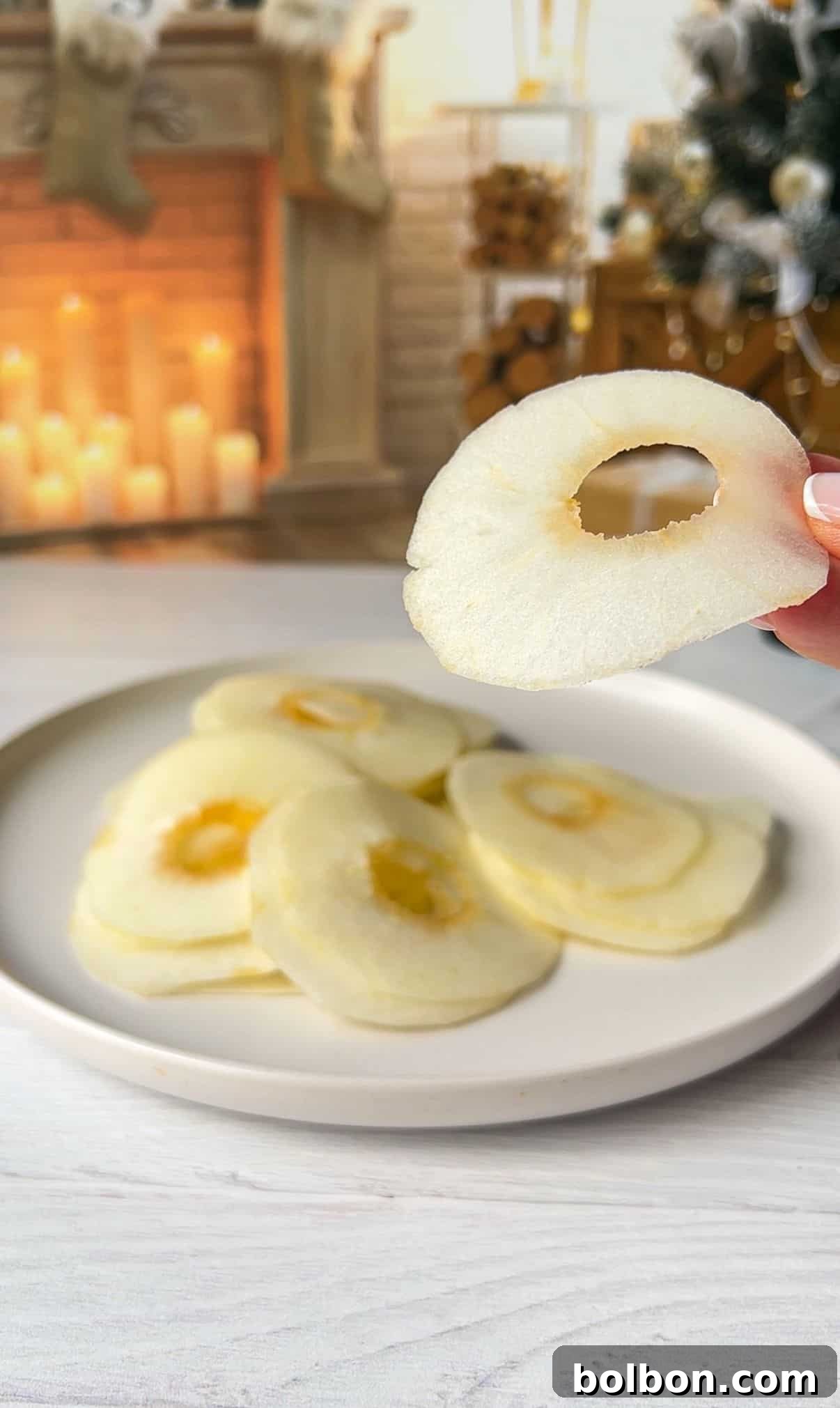The Elusive Apple Cake 5 A hand holding the thinly sliced fruit, fireplace and a decorated Christmas tree is in the background. The apples are sliced so thinly that they will disappear into the Invisible Apple Cake.