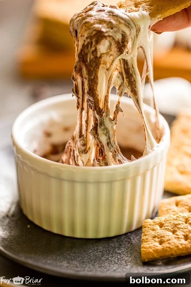 One Minute S'mores Dip for One: Melty chocolate and gooey marshmallow scooped up with a graham cracker. A perfect late night sweet treat, microwave dessert, and quick and easy single-serving dessert.