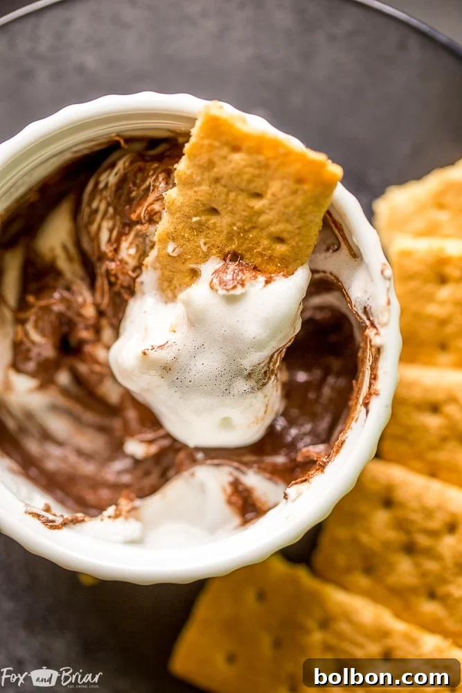 One Minute S'mores Dip for One: A cozy shot of the dip with graham crackers, perfect for a movie night. Quick treats, easy dessert recipes, chocolate marshmallow dip.