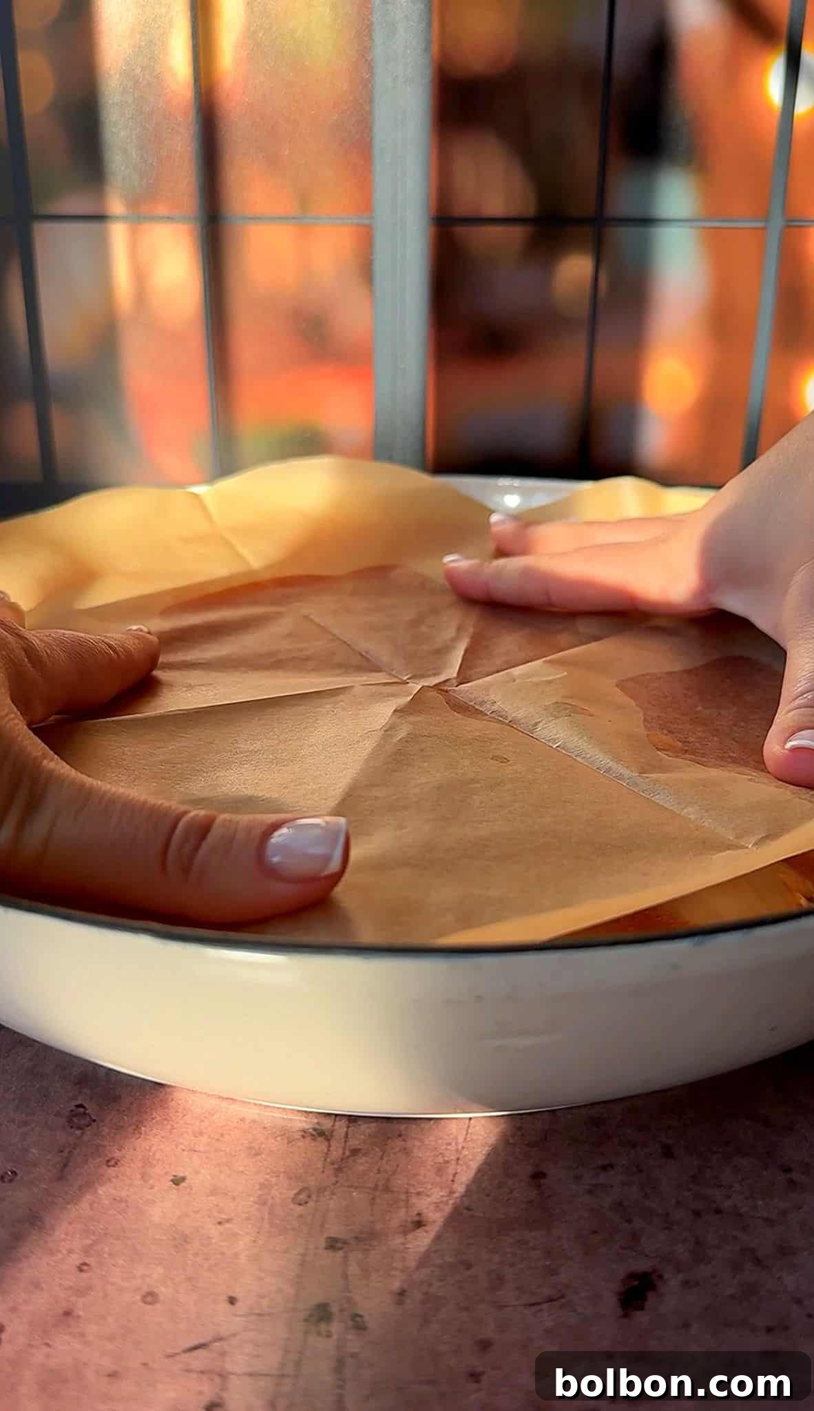 Golden Stuffed Onion Delights 15 Two hands press parchment paper into a round, white baking dish, on a wooden surface. Soft, warm lighting creates a cozy atmosphere.