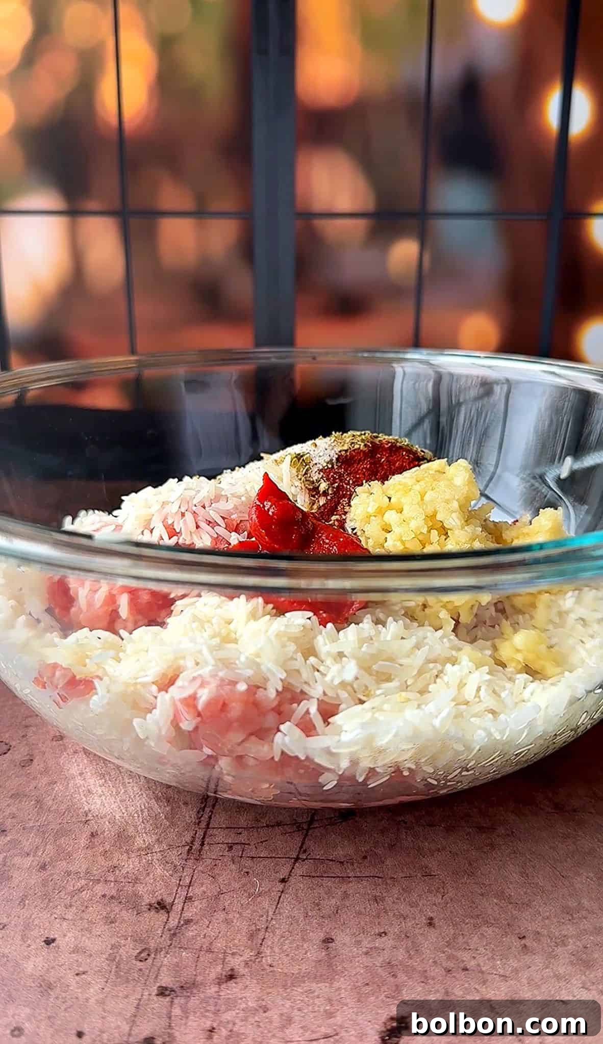 Golden Stuffed Onion Delights 3 A clear bowl filled with uncooked rice, minced meat, and spices, including a dollop of tomato paste and minced garlic. The background shows a blurred view of warm lights, creating a cozy atmosphere.