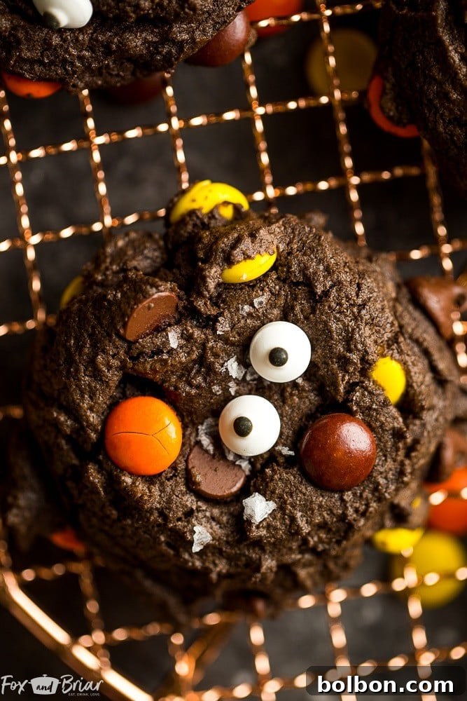 Decadent Double Chocolate Peanut Butter Cookies 3 Close-up of a stack of Double Double Chocolate Peanut Butter Cookies, showcasing their rich texture and delectable ingredients.