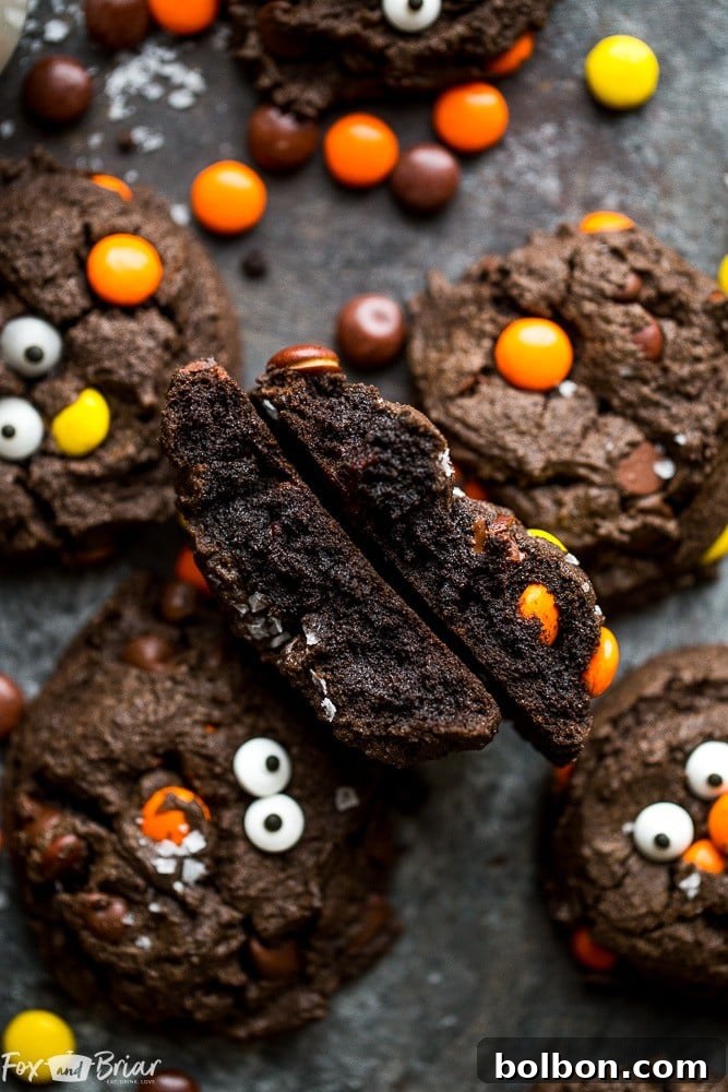 Decadent Double Chocolate Peanut Butter Cookies 5 Double Double Chocolate Peanut Butter Cookies with candy eyes, arranged appealingly for a Halloween theme.