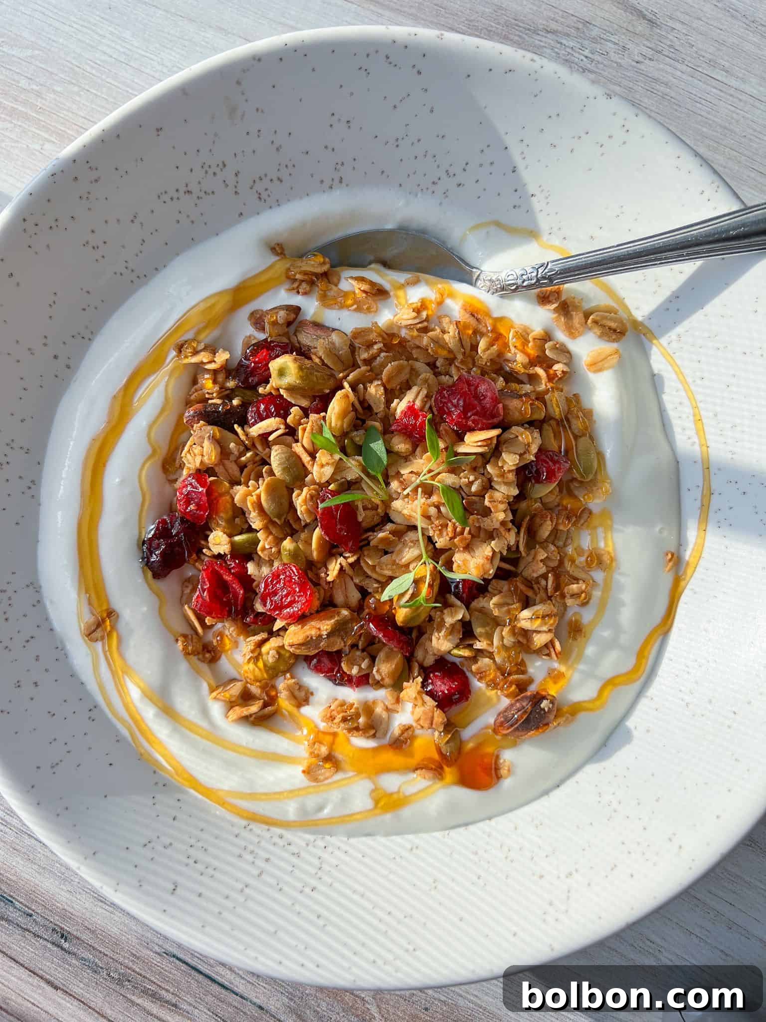 Wholesome Cottage Cheese Power Bowl 2 A vibrant, close-up shot of a healthy breakfast bowl featuring creamy white cottage cheese topped with crunchy, golden-brown granola, juicy red berries, and a generous drizzle of golden honey. The bowl is set against a rustic wooden surface, illuminated by soft natural light, highlighting the fresh ingredients and inviting texture.
