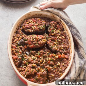 Close-up of the delicious Meat Stuffed Eggplant (Bitten Jen) recipe, ready to be served.