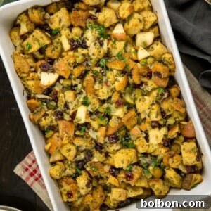 Cranberry Apple Stuffing in a square dish