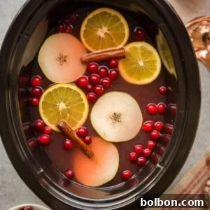 Close-up of a glass of Slow Cooker Cranberry Pear Cider garnished with orange, pear, and cinnamon.