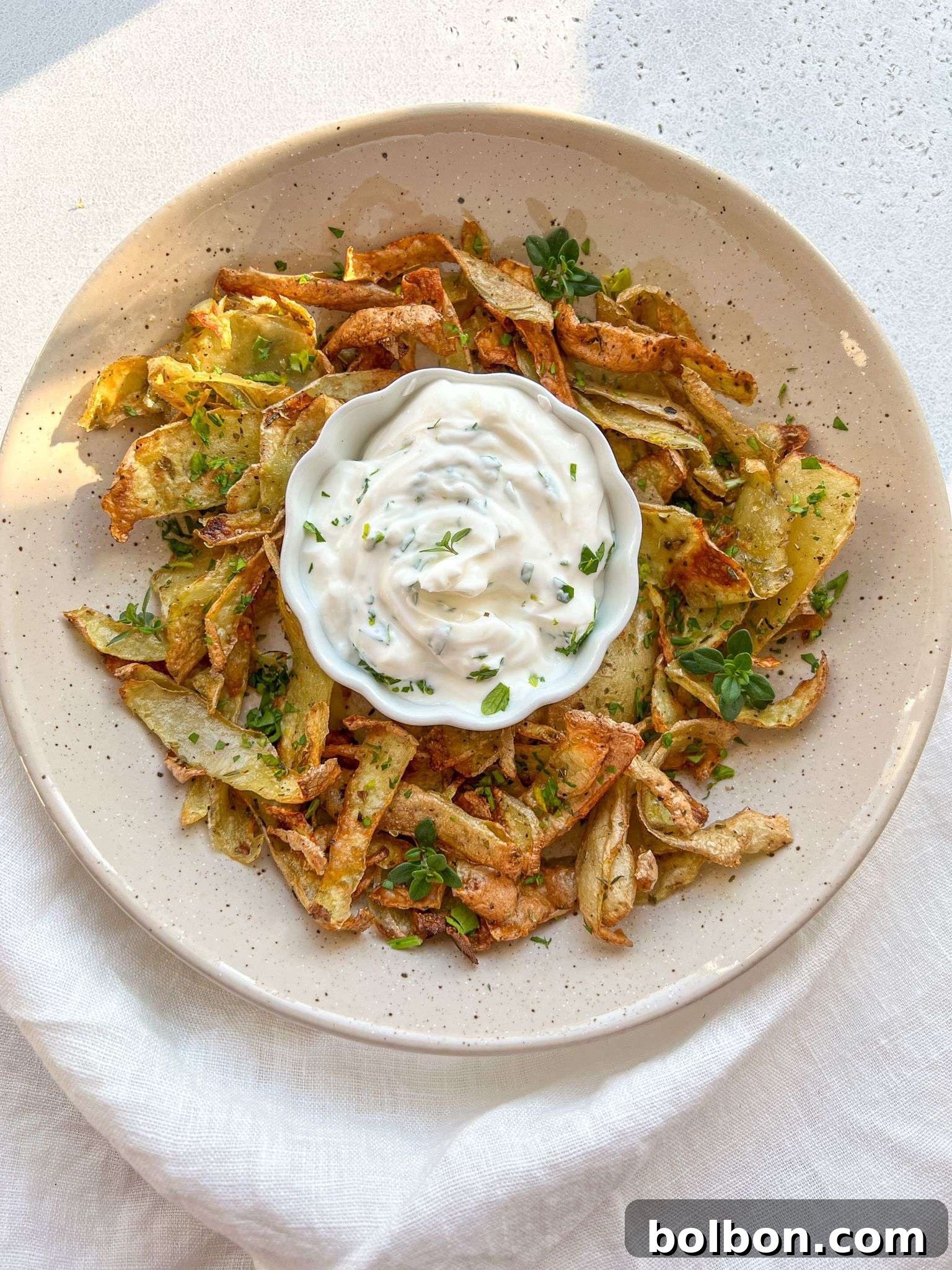 Crispy Air Fryer Potato Skins served with a creamy dip, a healthier alternative to traditional chips.