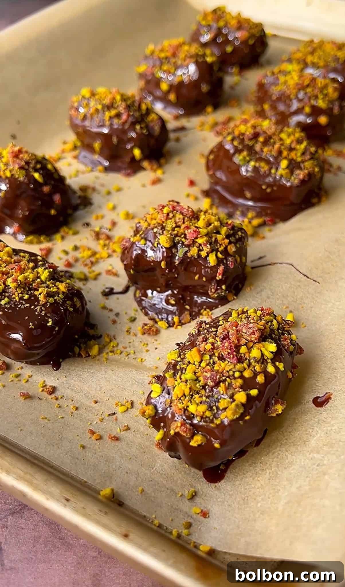 Exquisite Dubai Chocolate Dates 11 Dubai chocolate dates topped with crushed nuts and colorful sprinkles are arranged on a parchment-lined baking sheet. The treats are glossy from the chocolate coating and appear freshly made.