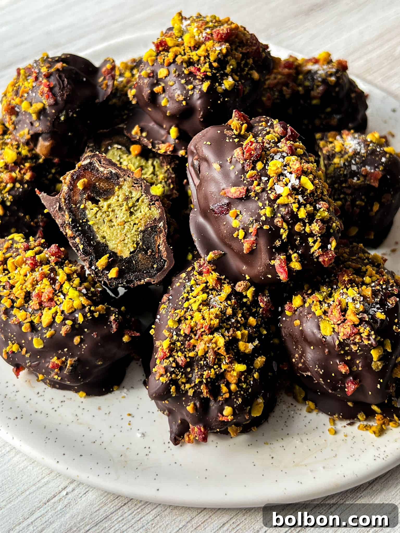 Exquisite Dubai Chocolate Dates 12 A plate of chocolate-covered dates sprinkled with crushed nuts and colorful toppings. One of the dates is cut open, revealing a green filling. The plate is on a light wooden surface.
