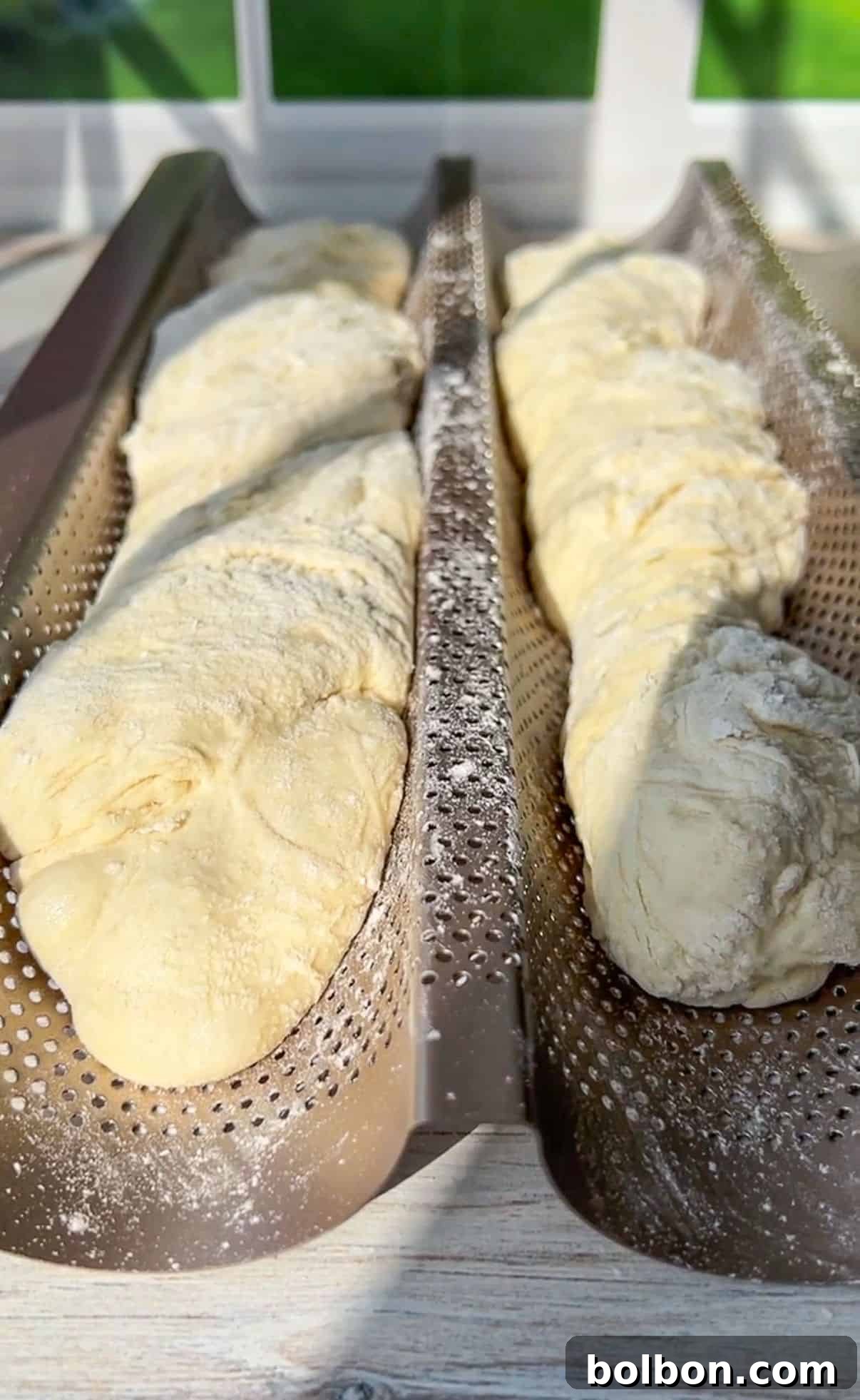 Two metal trays hold baguette dough sprinkled with flour, ready for baking. Sunlight streams through a window, casting a soft glow on the dough. The trays have perforated surfaces, ideal for bread-making.