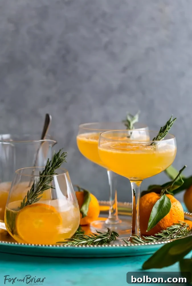 A festive glass of Rosemary Clementine Sparkler Mocktail, garnished with fresh clementine and rosemary. An exquisite non-alcoholic recipe for festive occasions.