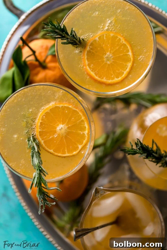 Beautifully styled Rosemary Clementine Sparkler Mocktail, garnished with fresh clementine slices and rosemary. Perfect for a non-alcoholic holiday party or New Year's celebration.