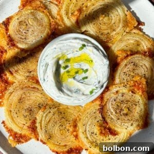 A plate of crispy spiralized onions with golden-brown edges, arranged around a bowl of creamy dip garnished with herbs and olive oil. The onions appear seasoned, and the plate is set against a textured surface.