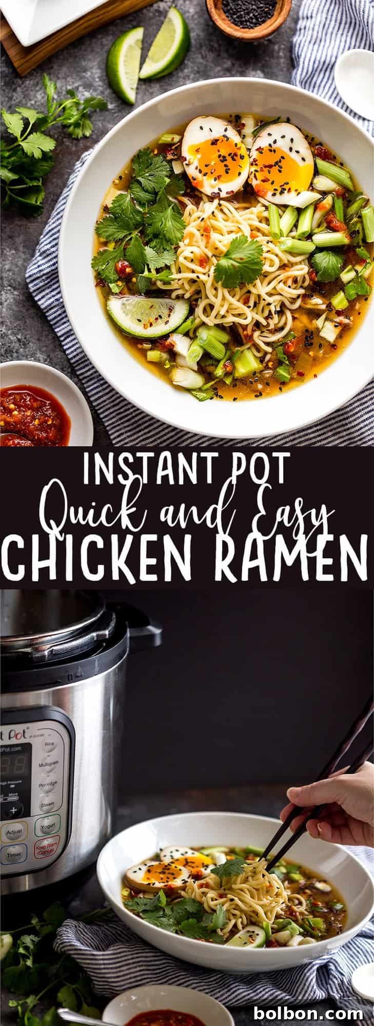Close-up shot of the savory Instant Pot Chicken Ramen broth, revealing perfectly cooked noodles and tender chicken submerged in the flavorful liquid. This image highlights the rich texture and inviting warmth of the soup.