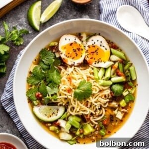 Overhead view of a comforting bowl of Instant Pot Chicken Ramen, showcasing its vibrant colors and inviting presentation.