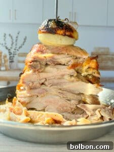 Close-up of a vertical stack of sliced, roasted meat on a skewer topped with a charred onion. The stack sits on a metal pan, with pieces of meat scattered around. The background shows a blurred kitchen setting with white cabinets.