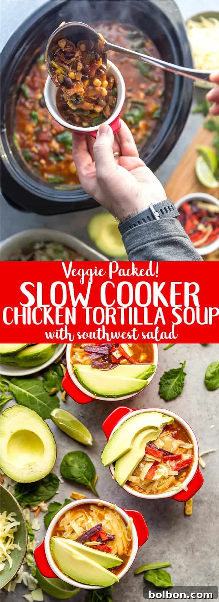 Wholesome Slow Cooker Chicken Tortilla Soup with a Fresh Southwest Salad 3 A top-down view of a bubbling slow cooker chicken tortilla soup, showcasing rich broth, chicken, beans, and corn, with a vibrant green salad on the side.