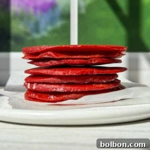 A stack of thin, red fruit leather squares on a white plate with parchment paper. The background shows a blurred view of a window with green trees and a colorful garden outside. Sunlight casts shadows across the table.