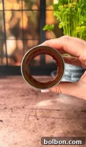 A hand holds a vertically positioned empty metal cylinder with tomato sauce remnants inside. In the blurred background, there's a green potted plant and a window with warm light streaming in. The surface below is brown and textured.