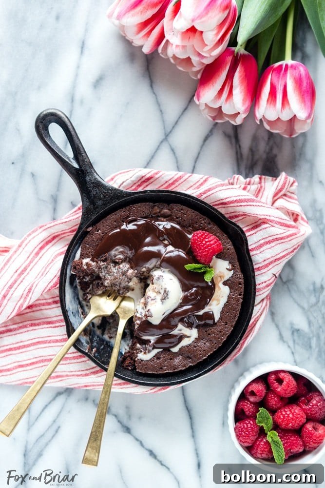 Two hands reaching for a brownie sundae in a skillet, emphasizing sharing and intimacy.