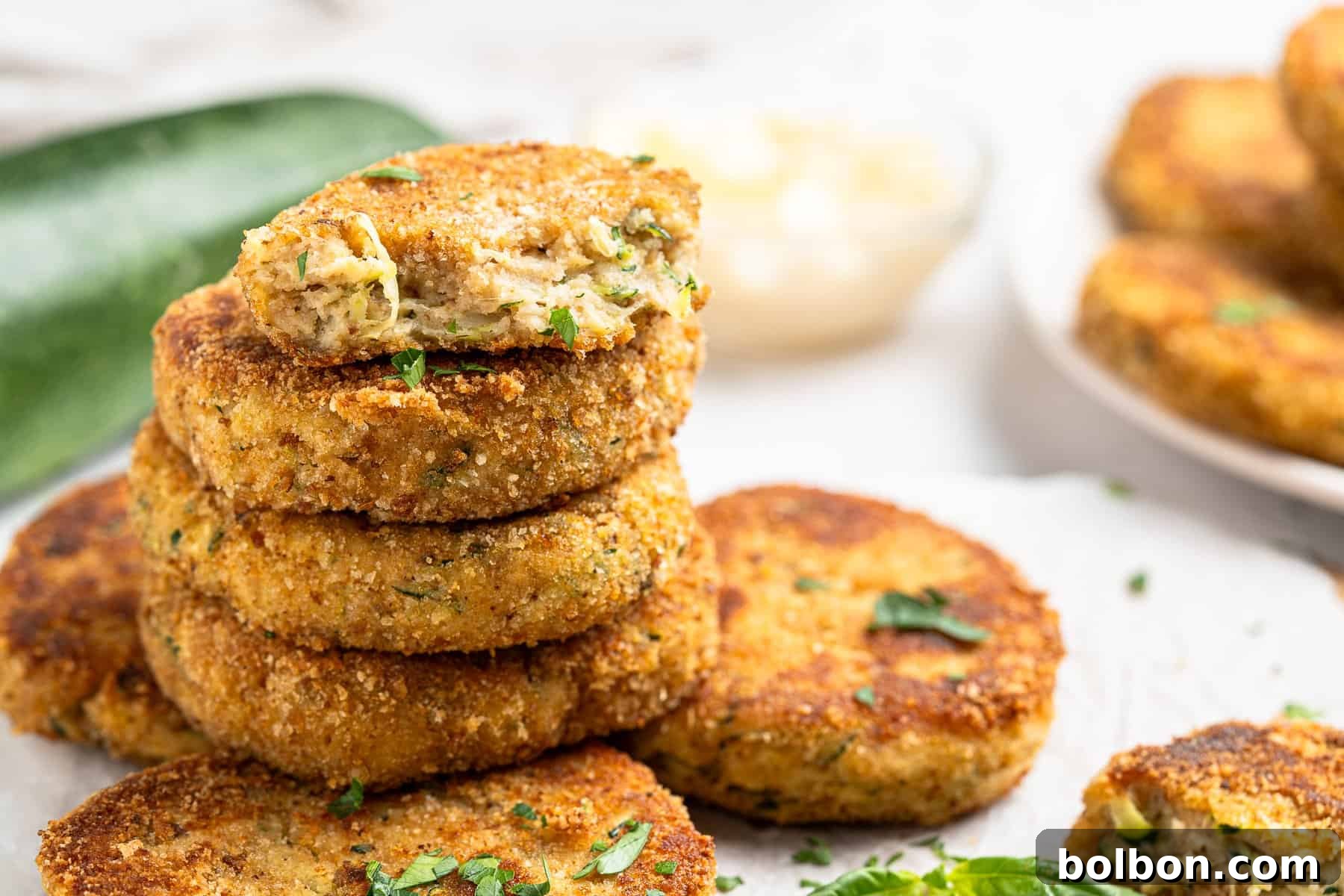 Crispy Zucchini Fritters 2 A stack of golden-brown zucchini cakes garnished with fresh parsley, with one fritter showing its tender, moist inside. More fritters and a bowl of creamy dip are visible in the background on a white surface, highlighting their irresistible texture.