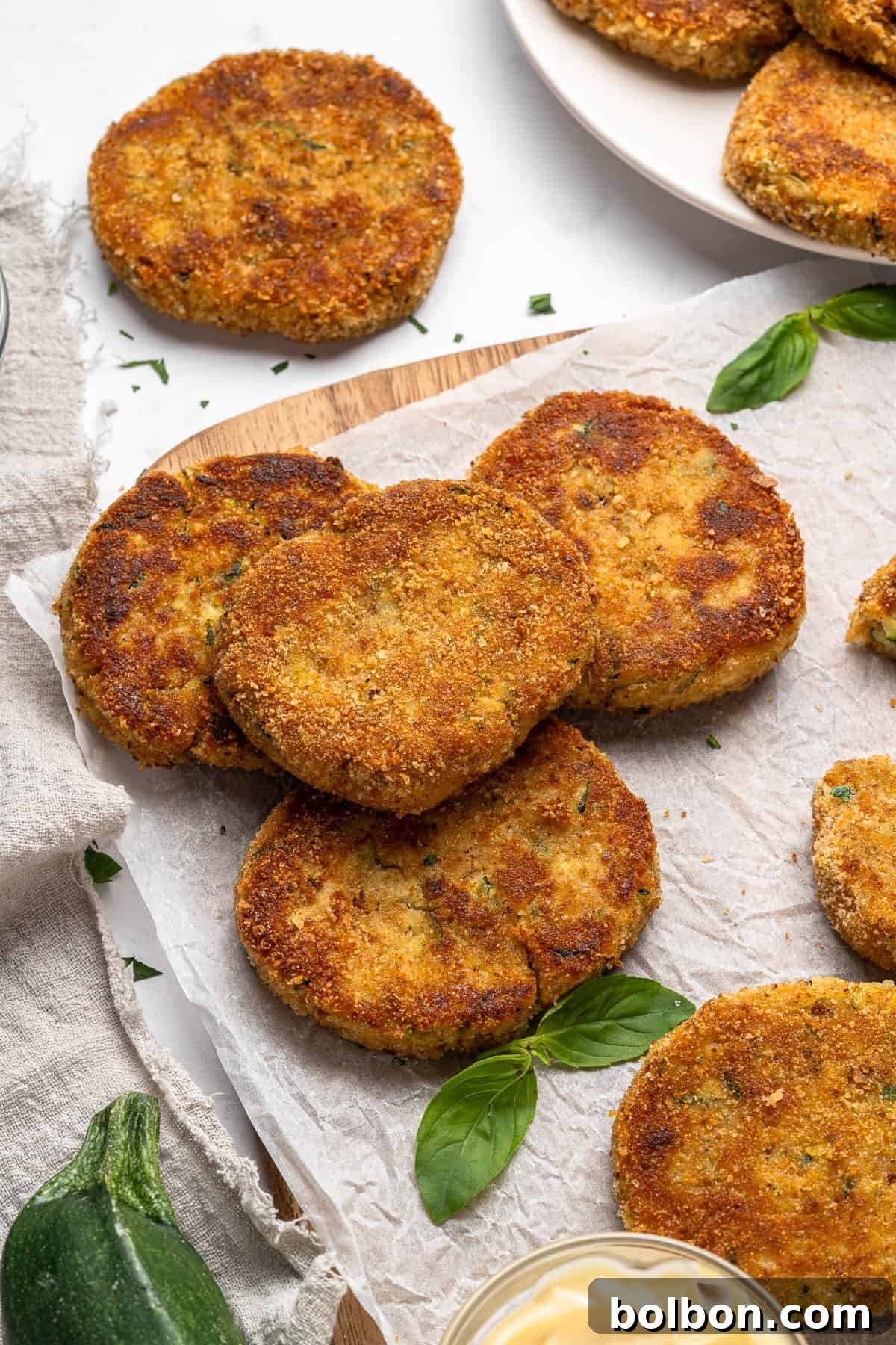 Crispy Zucchini Fritters 15 A beautifully arranged plate featuring golden-brown zucchini cakes stacked neatly on parchment paper, adorned with fresh basil leaves. A small bowl of creamy dipping sauce is placed nearby, and more patties are elegantly displayed on a plate in the background. A fresh zucchini is partially visible, hinting at the key ingredient.
