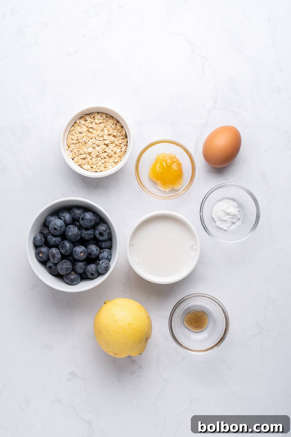 Wholesome Blueberry Oat Loaf 3 Ingredients for a recipe are arranged on a white marble surface, including a bowl of blueberries, oats, an egg, honey, lemon, milk, baking powder, and vanilla extract.