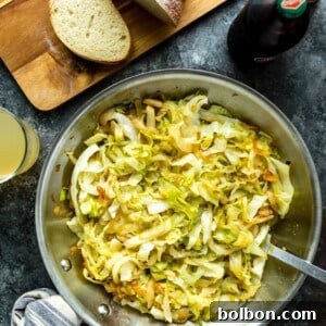 A close-up of the easy sautéed cabbage dish, showcasing its golden brown edges and tender texture.