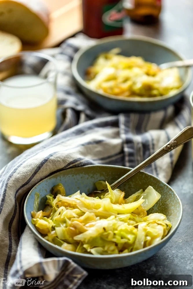 A beautifully presented serving of easy sautéed cabbage in a rustic bowl, ready to be enjoyed.