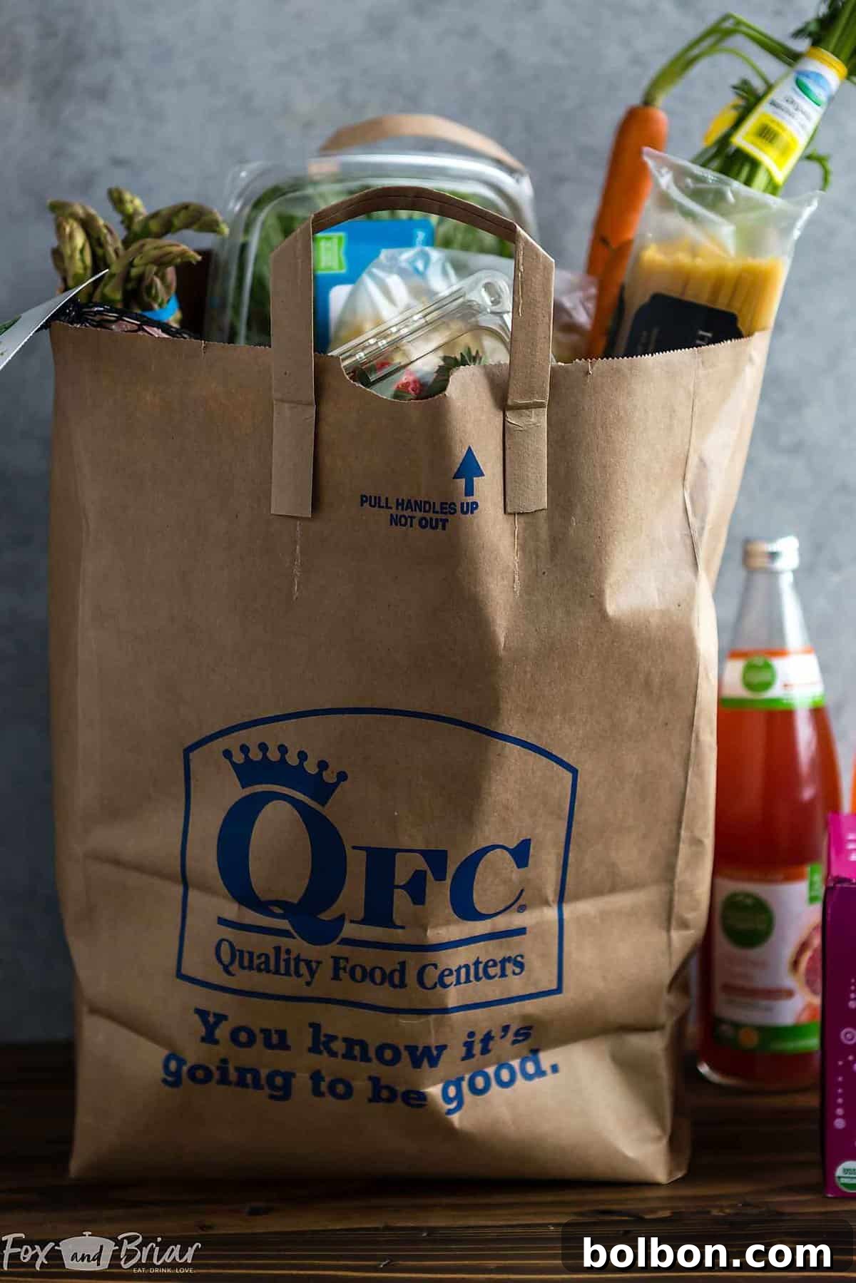 Seamless grocery shopping experience with QFC Delivery app, bringing fresh ingredients like those for Creamy Pasta with Pancetta and Peas directly to your home.