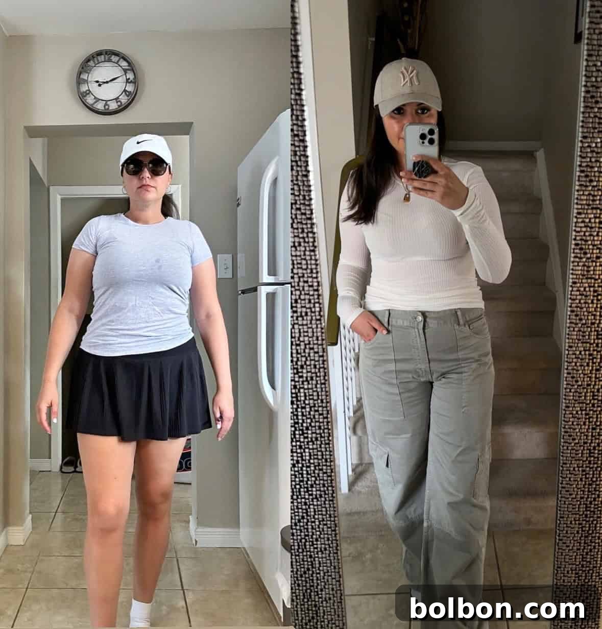 Two side-by-side images of a woman. Left: Wearing a gray shirt, black skirt, sunglasses, Nike cap, standing before the weight loss. Right: Wearing a white long-sleeve top, gray pants, cap, taking a mirror selfie after the weight loss. Both images show her indoors.