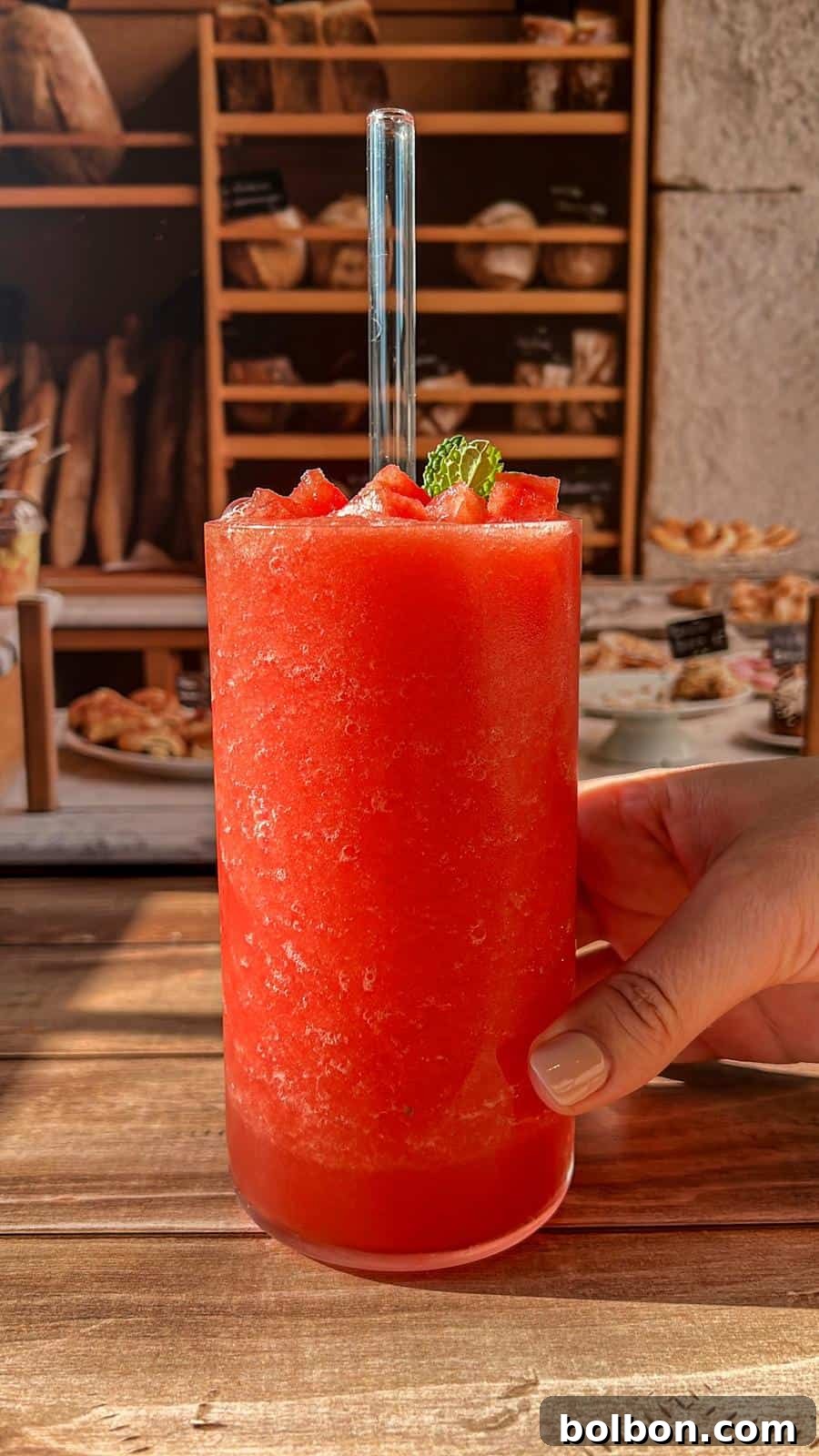 A hand holds a tall glass of bright red, frozen watermelon drink garnished with a mint leaf. Shelves with bread and pastries are blurred in the background on a wooden table.