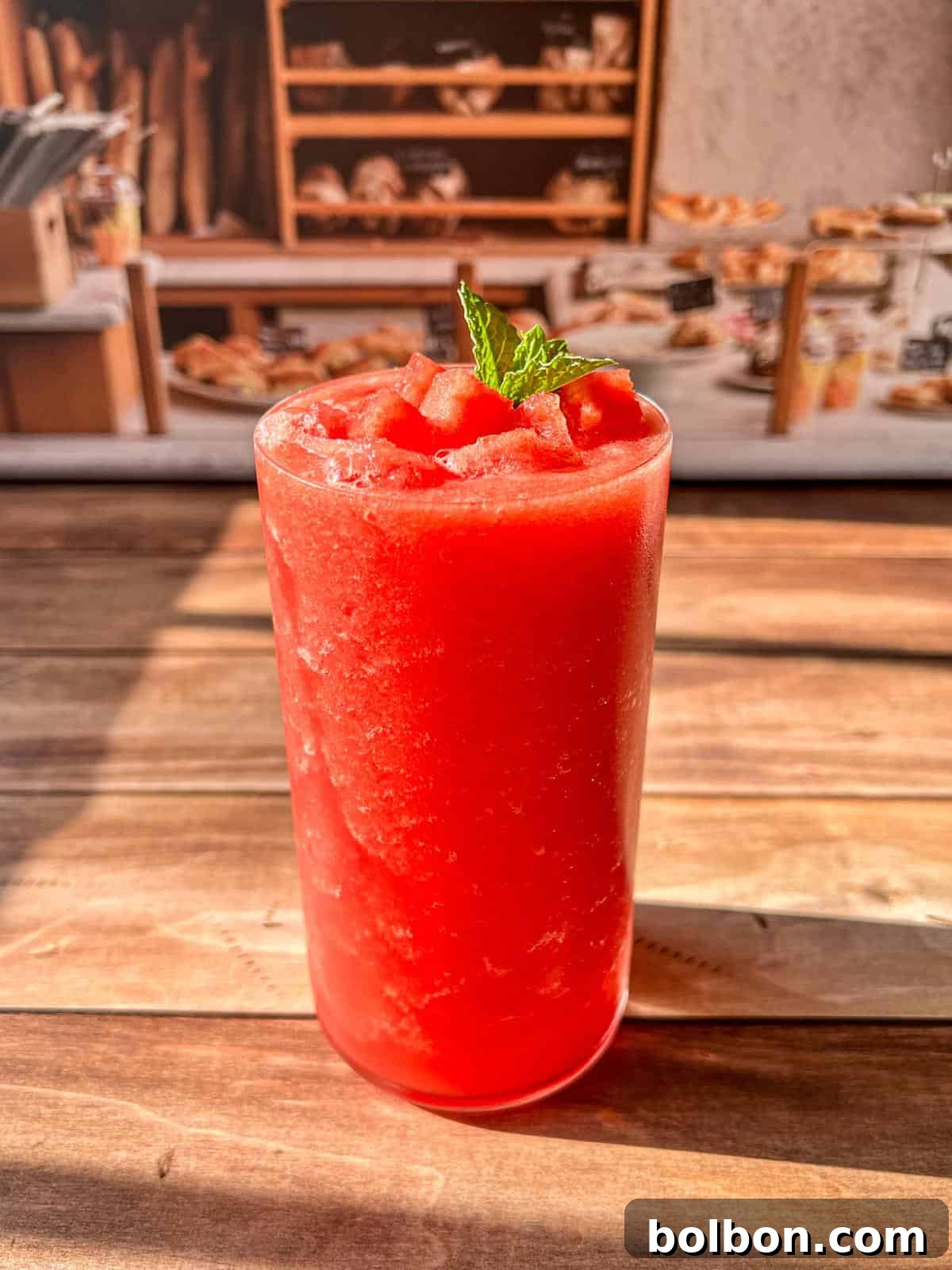 A tall glass filled with bright red watermelon smoothie, topped with small watermelon pieces and a mint sprig, sits on a wooden table. The background shows a blurred bakery display with shelves of bread and pastries.