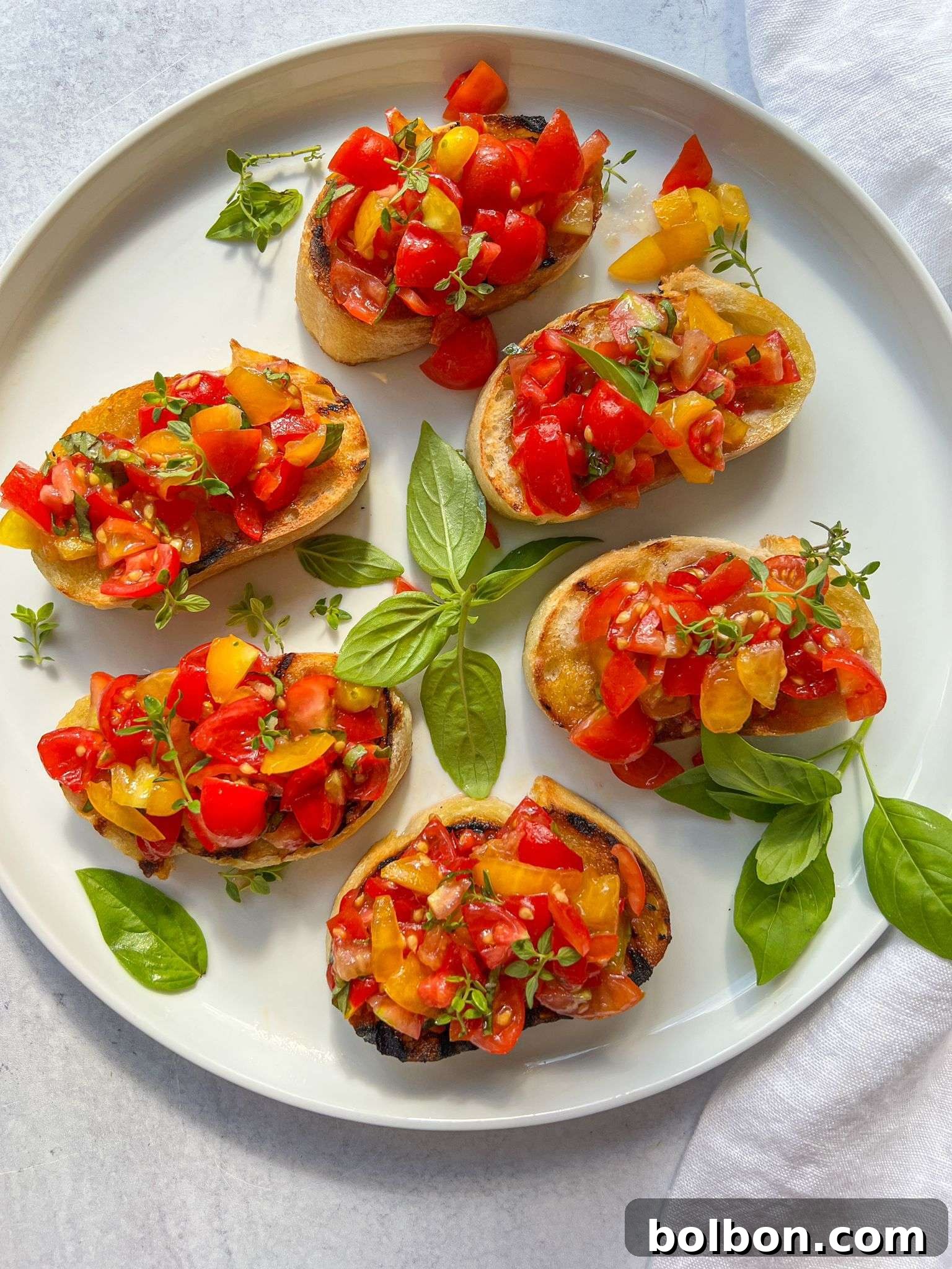 Close-up of freshly prepared bruschetta on toasted bread with tomatoes and basil.
