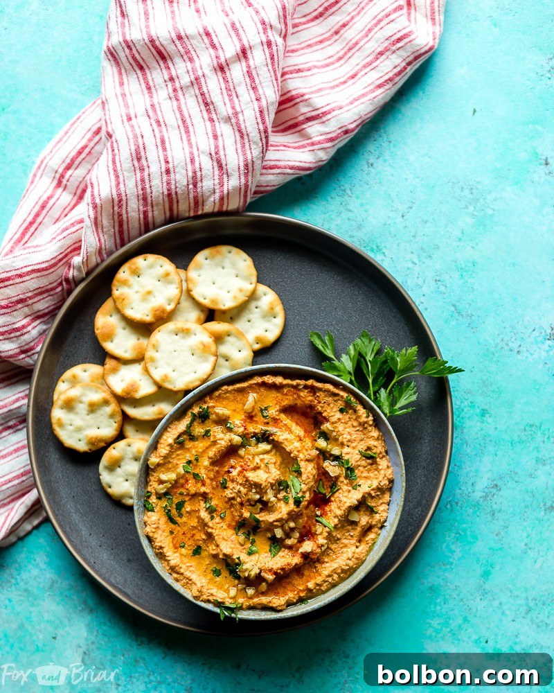 Vibrant Muhammara Roasted Red Pepper and Walnut Dip 4 A serving of freshly made Muhammara, a delicious and healthy Red Pepper Walnut Dip, presented beautifully. This Middle Eastern recipe is a great healthy dip alternative.