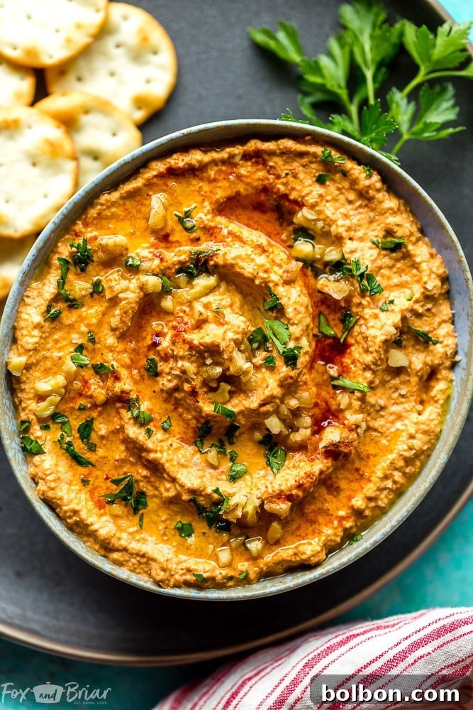 Vibrant Muhammara Roasted Red Pepper and Walnut Dip 6 A close-up shot of the finished Muhammara, a delectable Red Pepper Walnut Dip, served in a rustic bowl. Highlights its smooth texture and vibrant color, perfect as a healthy, gluten-free, and vegan Middle Eastern appetizer.
