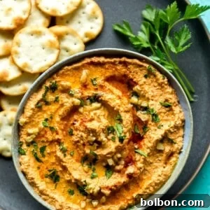 Vibrant Muhammara Roasted Red Pepper and Walnut Dip 7 A beautifully presented bowl of Muhammara, garnished with fresh herbs and olive oil, with crackers ready for dipping. This classic Middle Eastern Red Pepper Walnut Dip is a perfect healthy appetizer.