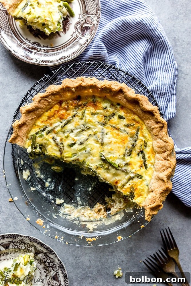 Savory Crab, Asparagus, and Leek Quiche 6 Top-down view of a whole Crab, Asparagus, and Leek Quiche