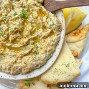 A bowl of creamy baba ghanoush, made from a classic Baba Ghanoush Recipe, topped with herbs and olive oil, served with pita bread slices and a lemon wedge on a plate. A wooden spoon rests on the bowl.