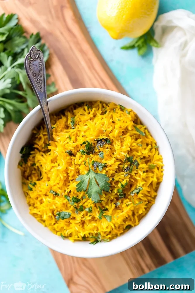 A top-down view of a serving of fluffy, golden turmeric rice, inviting and perfectly cooked.