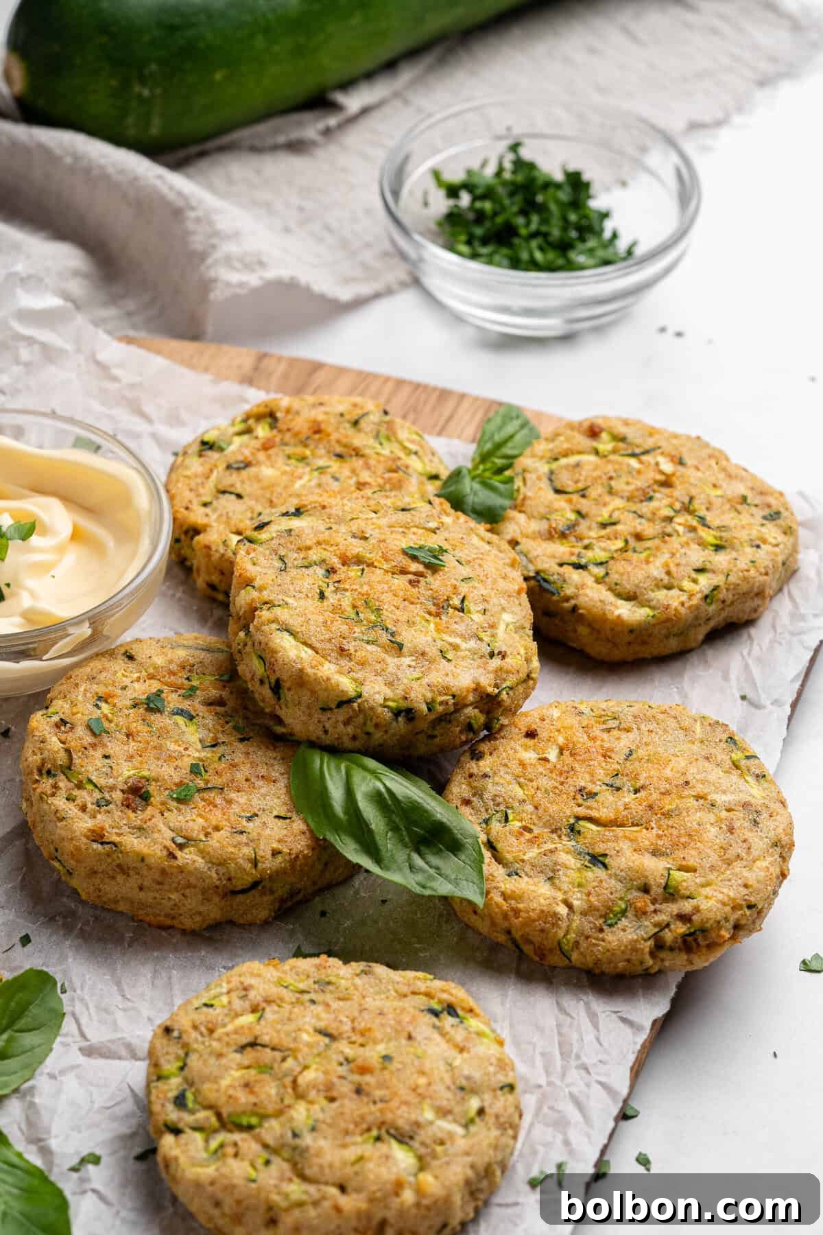 Five zucchini fritters are arranged on a piece of parchment paper, garnished with fresh basil leaves. A small glass bowl of chopped herbs and a bowl of mayonnaise are nearby. A whole zucchini and a linen cloth are in the background.