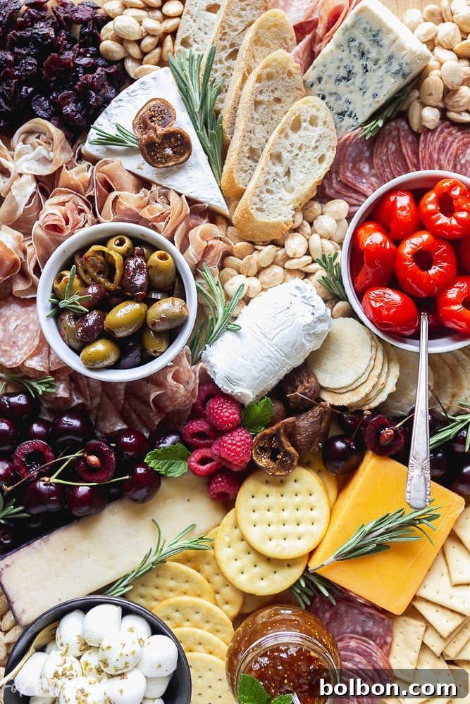 Stunning charcuterie board with cheeses, cured meats, and fresh fruit